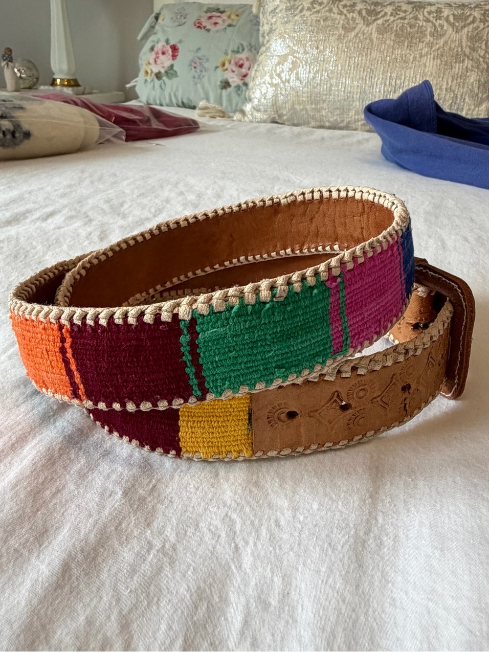 Vintage Southwest Guatemala Tooled Leather Belt Colorful Handmade Size 36 Boho - Picture 2 of 10